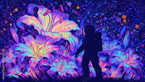 Astronaut silhouette exploring a vibrant, neon-lit jungle filled with giant, glowing lilies and exotic bioluminescent flora under a dark night sky.
