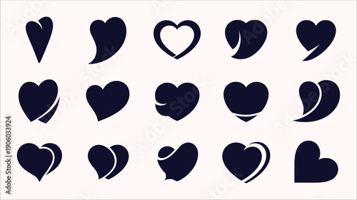 Abstract Dark Blue Heart Icons Set: Modern Flat Vector Collection of Love and Romance Symbols for Web and App Design