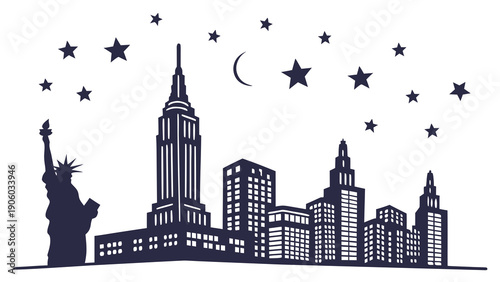 New York City skyline at night with Statue of Liberty and stars