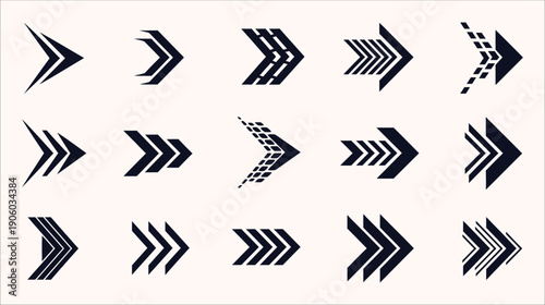Bold Set of Futuristic Geometric Chevron Arrow Vector Icons in Solid Navy Blue, Representing Speed, Progress, and Advanced Technology