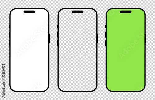 Smartphone frames. Mobile phone simple icons with white background set. Blank smart phone green screen template. Gadget black symbols. Device flat front view. Signs for website design, ui, mobile app.