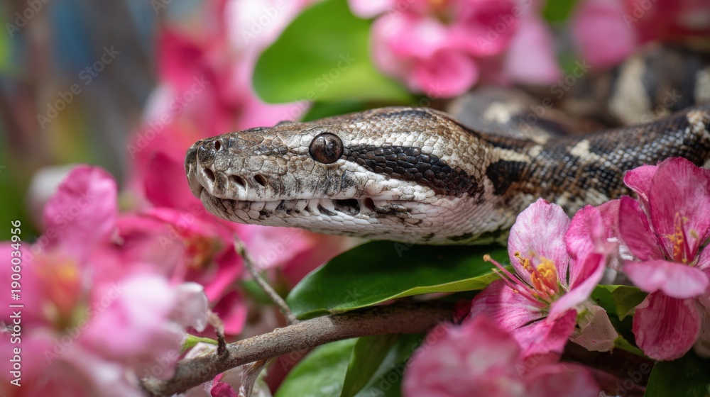Fototapeta premium Python amid vibrant pink blossoms in natural setting.