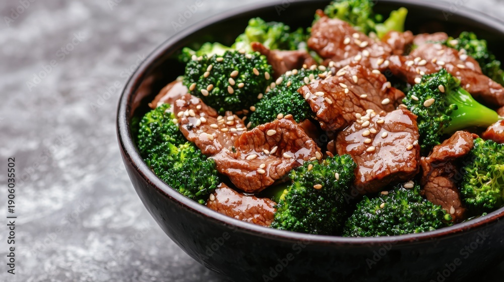 Fototapeta premium Delicious stir-fry beef with broccoli and sesame seeds