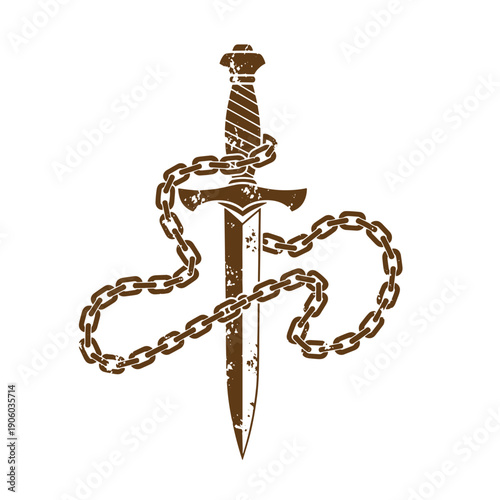 Vintage Grunge A dagger with a wrapped chain around it isolated on a white background