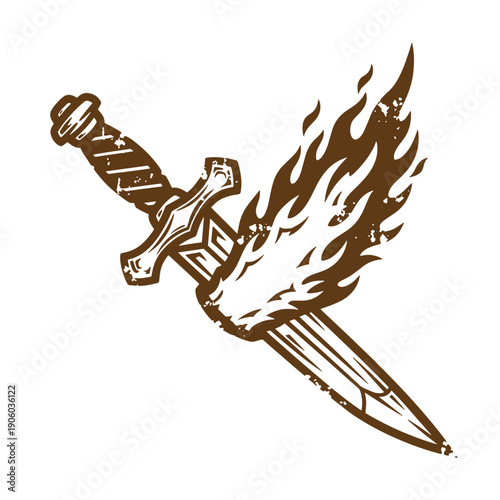 Vintage Grunge flaming sword with flames on blade isolated on white background