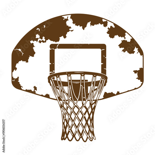 Grungy basketball hoop with worn net and backboard isolated on white Grunge Vintage Style