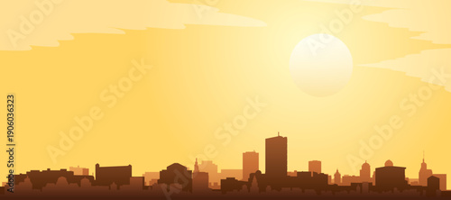 Golden yellow panoramic poster of the city skyline with misty background buildings and clouds of BOSTON, UNITED STATES