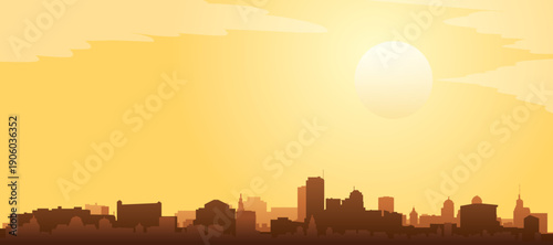 Golden yellow panoramic poster of the city skyline with misty background buildings and clouds of SEATTLE, UNITED STATES
