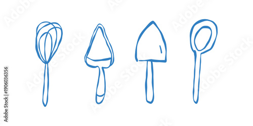 Set of vector kitchen utensil icons. Illustrations of kitchen tools, kitchenware, accessories, and equipment. Isolated images. Vector outline illustration.