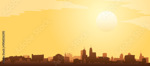 Golden yellow panoramic poster of the city skyline with misty background buildings and clouds of KANSAS CITY, UNITED STATES