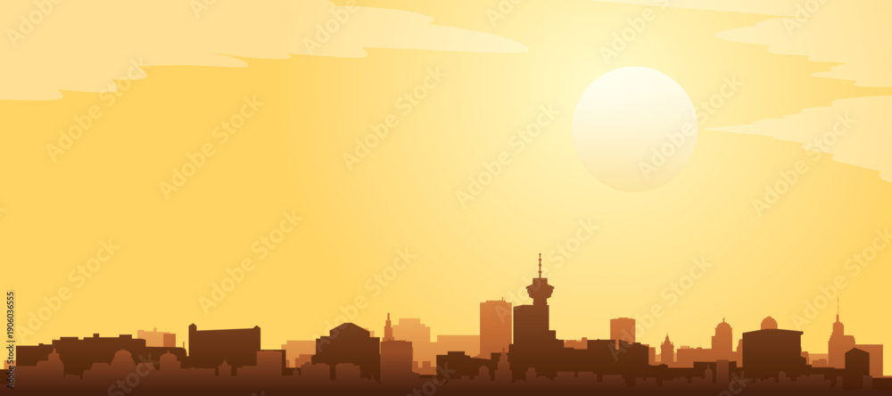 Obraz premium Golden yellow panoramic poster of the city skyline with misty background buildings and clouds of VANCOUVER, CANADA