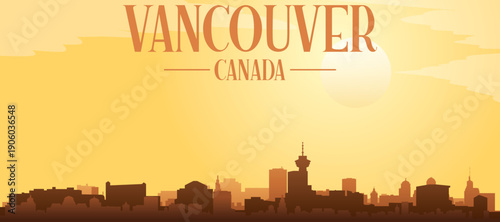 Golden yellow panoramic poster of the city skyline with misty background buildings and clouds of VANCOUVER, CANADA