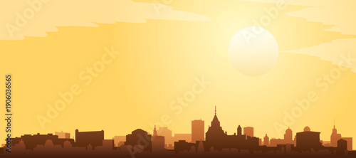 Golden yellow panoramic poster of the city skyline with misty background buildings and clouds of OTTAWA, CANADA
