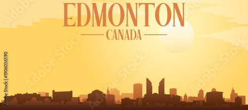 Golden yellow panoramic poster of the city skyline with misty background buildings and clouds of EDMONTON, CANADA