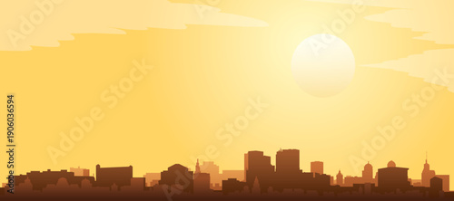 Golden yellow panoramic poster of the city skyline with misty background buildings and clouds of WINNIPEG, CANADA