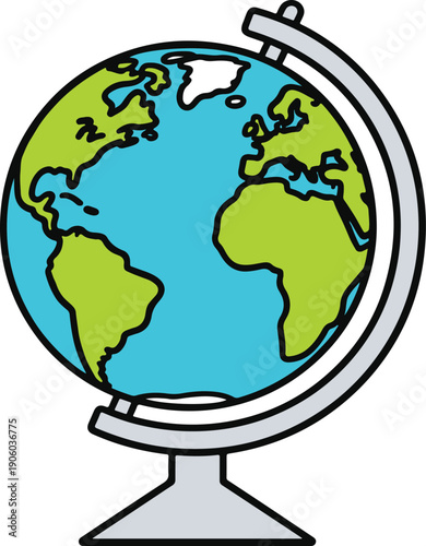 Educational desk globe on a silver stand, clean line-art vector illustration