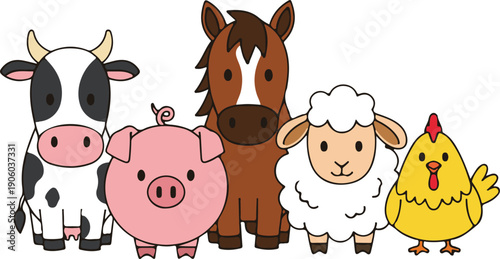 Cow, pig, horse, sheep, and chicken, domestic farm animal group vector illustration