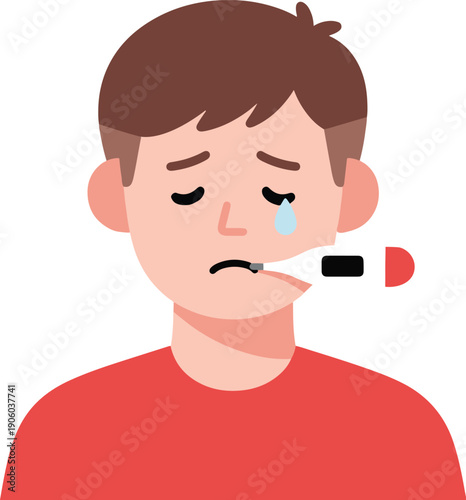 Sad boy with fever and digital thermometer, flat character vector illustration