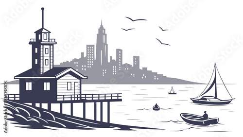 A minimalist vector illustration of a lighthouse by the sea with a city skyline in the background