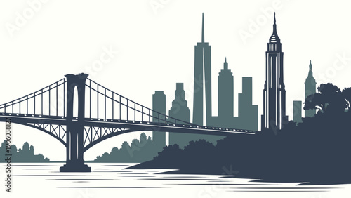 A minimalist vector graphic illustration of the New York City skyline with a bridge