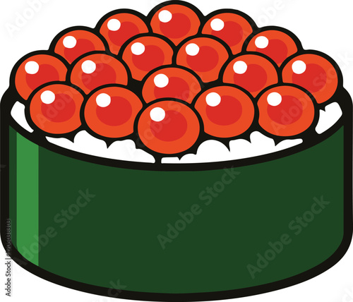 Ikura gunkan maki sushi topped with salmon roe, minimalist flat design vector illustration