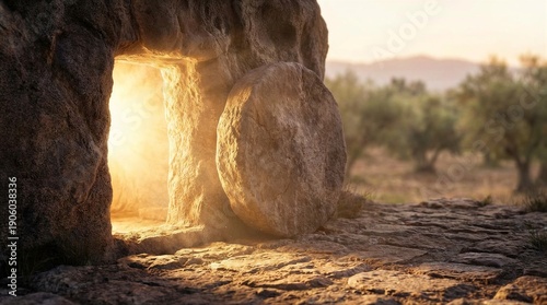 Empty tomb of Christ illuminated by bright light at sunrise. Religious symbol for Easter holiday, resurrection concept