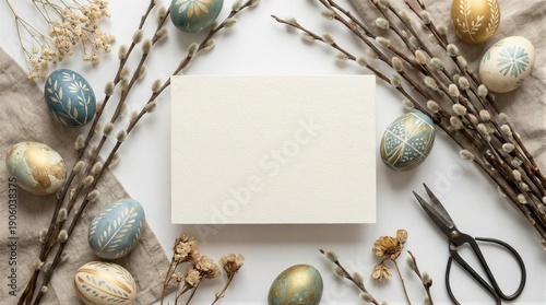 Blank greeting card with decorated Easter eggs, pussy willow branches, and dried flowers on white background. Spring holiday art