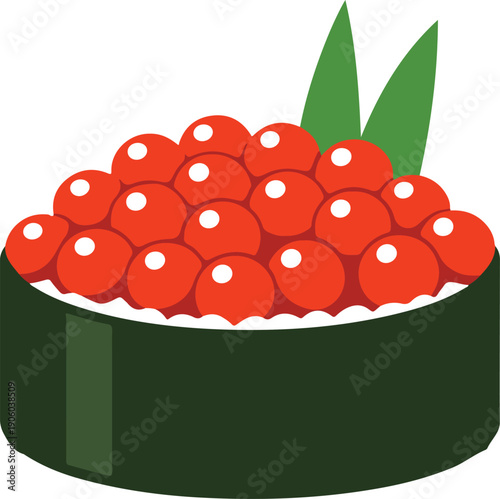 Ikura gunkan maki sushi with salmon roe and decorative green leaves, minimalist flat design vector illustration