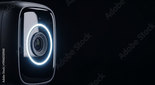 Black security camera with glowing light. Modern surveillance device for smart home safety. Advanced technology for privacy.