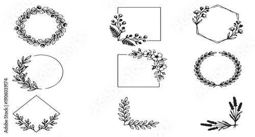 Minimalist Botanical Frame and Wreath Collection, Hand Drawn Ink Brush Floral Borders and Decorative Line Art Elements for Wedding Invitation and Logo Design
