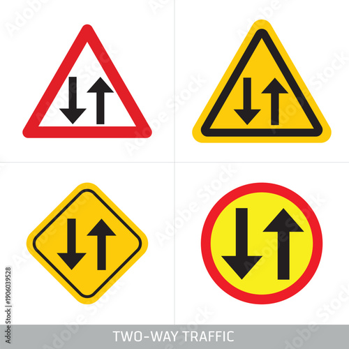Two Way Traffic Warning Sign Vector Set – Triangle, Diamond and Circle Shapes – Regulatory and Warning Icons Vector