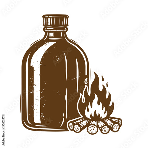 Vintage Grunge a bottle next to a campfire made of logs on fire  camping fire starter