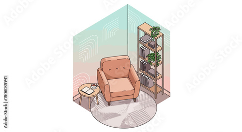 Cozy Corner of a Room with an Armchair, Coffee Table, and Bookshelf, Minimalist Design