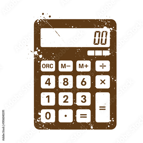 Vintage Grunge grungy calculator with white buttons and display on white background