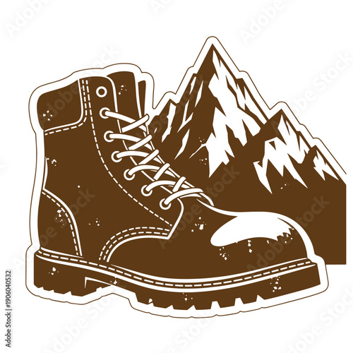 Vintage Grunge hiking boot and mountain range illustration for outdoor adventure and travel