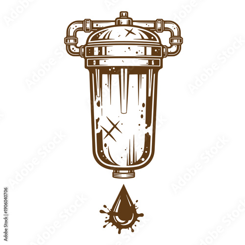 Vintage Grunge illustration of a water filter with a drop of water dripping from it on white background  water purification concept