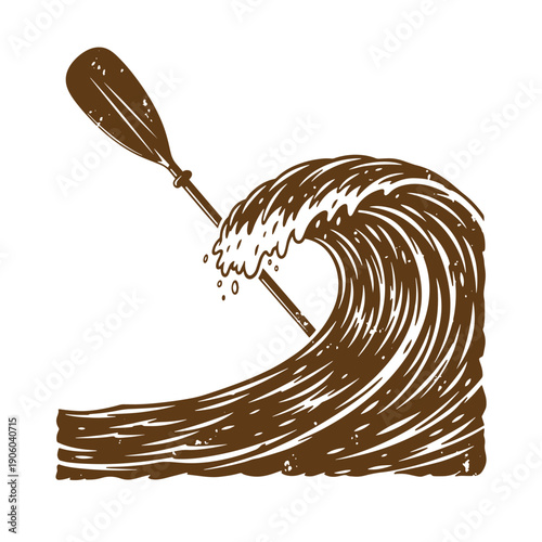 Vintage Grunge illustration of a wave with a kayak paddle sticking out of it surfing ocean water sports