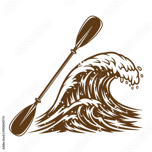 Vintage Grunge Kayak paddle with ocean wave  surfing equipment  water sports  adventure  outdoor activities