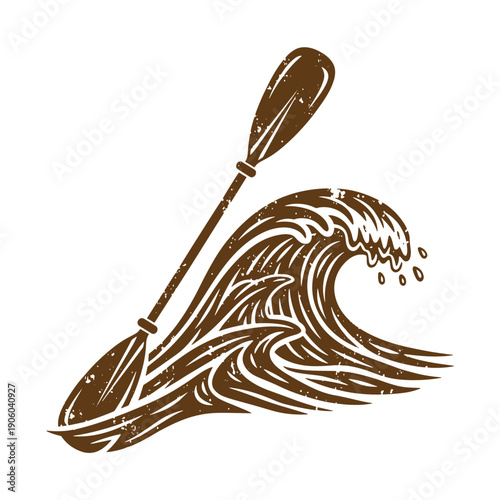Vintage Grunge Monochrome illustration of a surfboard and paddle against a crashing ocean wave on a white background