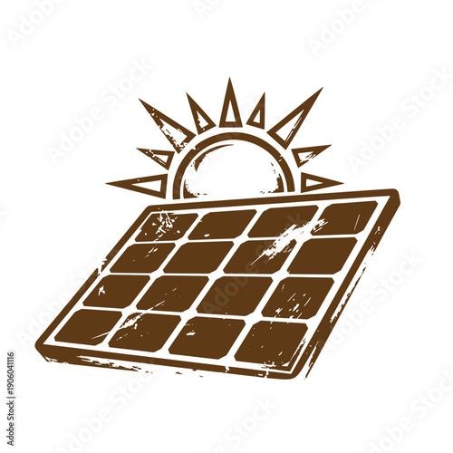 Vintage Grunge solar panel with sun icon for renewable energy and sustainable power generation