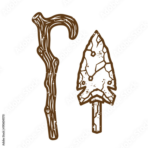 Vintage Grunge stone age arrowhead and wooden cane drawing illustration isolated on white background