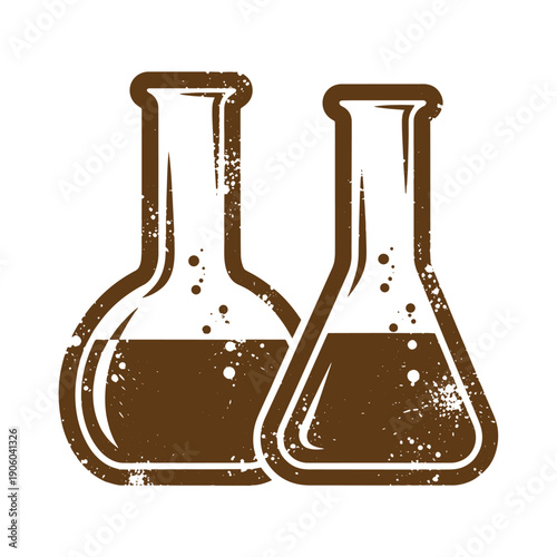 Vintage Grunge Two laboratory flasks with liquid inside on white background  science equipment