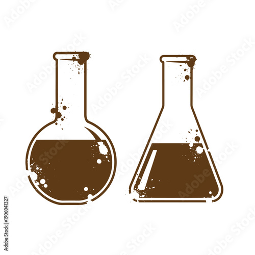 Vintage Grunge Two laboratory flasks with liquid and grunge effect isolated on white background  science and research concept