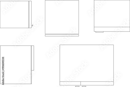 Minimalist outline vector illustration set of modern kitchen cabinet and drawer icons, featuring linear geometric designs.