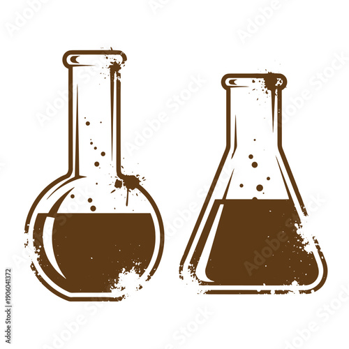 Vintage Grunge Two laboratory glassware containers with dark liquid and grunge effect isolated on white background