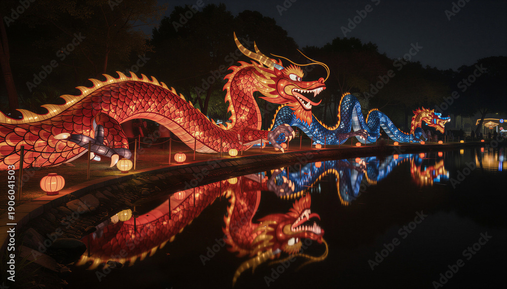 Obraz premium Chinese Lantern Festival 2026, illuminated dragon installation glowing in the park at night