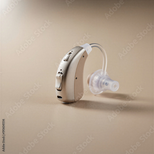 Modern hearing aid close-up on a neutral surface for World Hearing Day concept