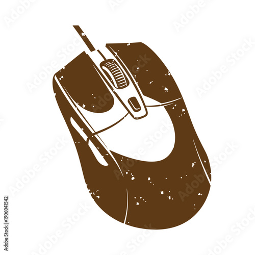 Grunge computer mouse with cord and wheel on white background  electronic device for computer navigation Vintage Style