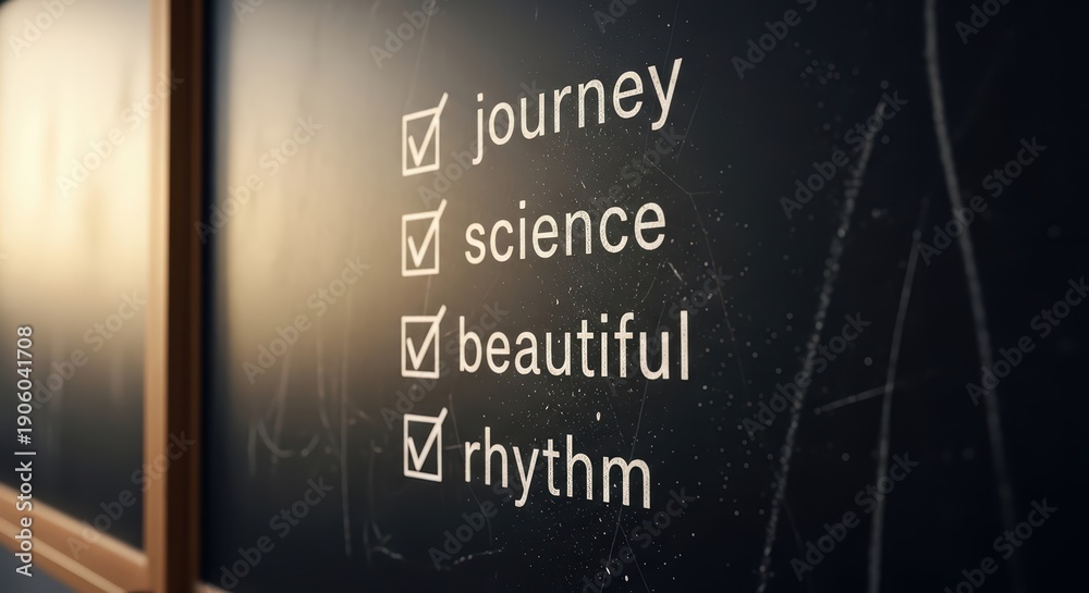 © photoplotnikov - Checklist with affirmative ticks on chalkboard featuring inspirational words journey science beautiful rhythm