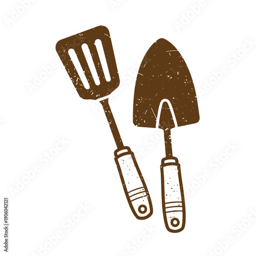 Grunge texture Brown gardening tools with white handles on white background  trowel and cultivator Vintage Style